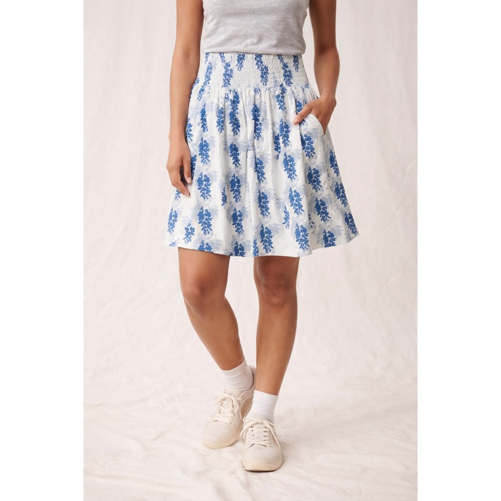 Kate Quinn NWT Bamboo Floral Wisteria Smocked Waist Skirt Blue- Size XS